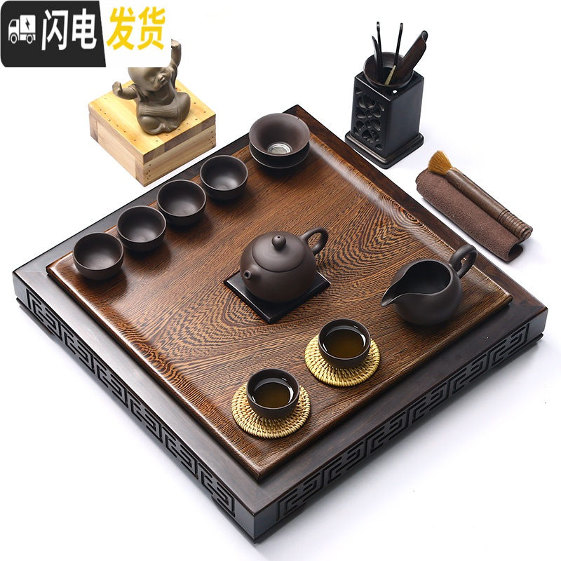 三维工匠整块鸡翅黑檀实木茶盘四方简约茶海整套陶瓷哥窑汝窑功夫茶具套装 瑞福石木盘+紫砂大富 21件