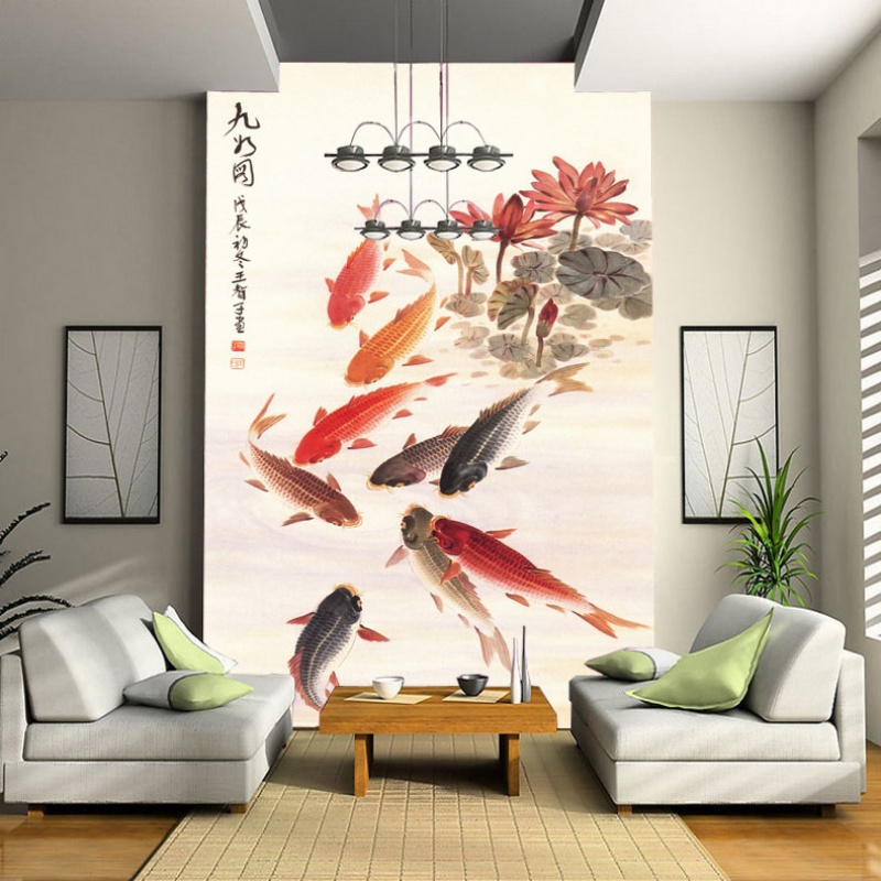 客厅壁纸墙纸沙卧室玄关大型壁画电视墙背景墙壁纸九鱼图壹德壹
