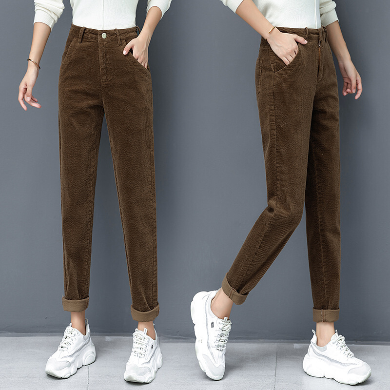 迪鲁奥(diluao)灯芯绒裤子女春秋2021新款高腰休闲女裤常规显瘦条绒