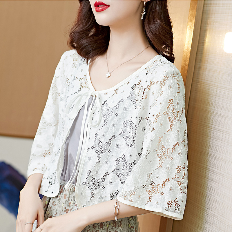 夏季新款时尚蕾丝系带披肩外披开衫防晒衣五分袖女视频