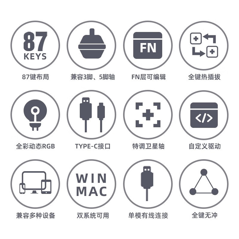 腹灵MK870成品机械键盘客制化套件87键RGB灯光电竞游戏笔记本热插拔 黑曜石单模版+微尘侧刻键帽 凯华BOX白轴V2