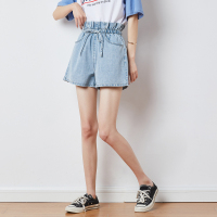唐狮夏季新款花苞腰牛仔短裤女宽松阔腿系带高腰热裤显瘦百搭