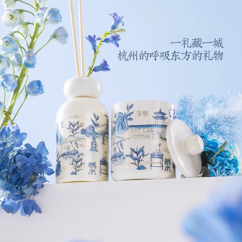 宋朝西湖十景无火香薰礼盒卧室香薰伴手礼 龙井寻香[西湖龙井礼盒]200ml无火+200g蜡烛高清大图