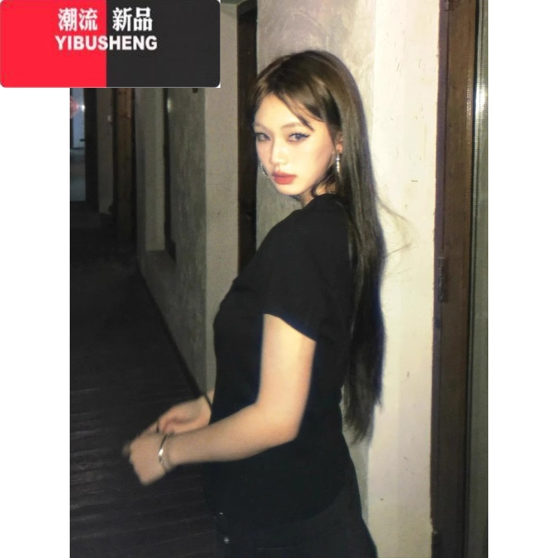 YIBUSHENG美式黑色正肩短袖t恤女季涂鸦小狗设计感小众修身辣妹短款上季高清大图
