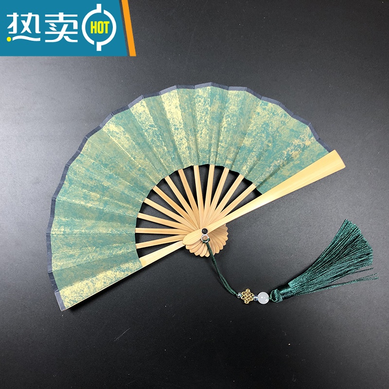 XIANCAI小号玉竹扇迷你小扇子彩色宣纸折扇袖珍儿童拍照表演娃娃扇流苏扇 墨绿色鎏金+玉竹扇骨 送扇袋扇穗 不题字 5高清大图