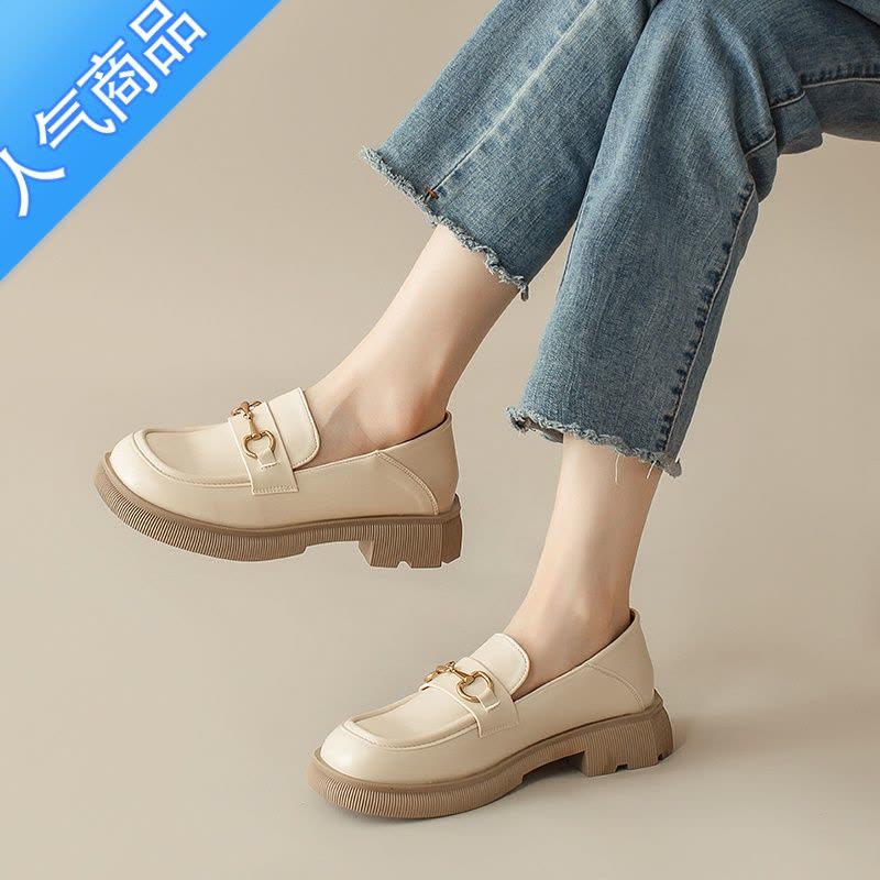 SUNTEK厚底乐福鞋女2023新款夏季粗跟白色英伦小皮鞋一脚蹬软皮浅口单鞋图片