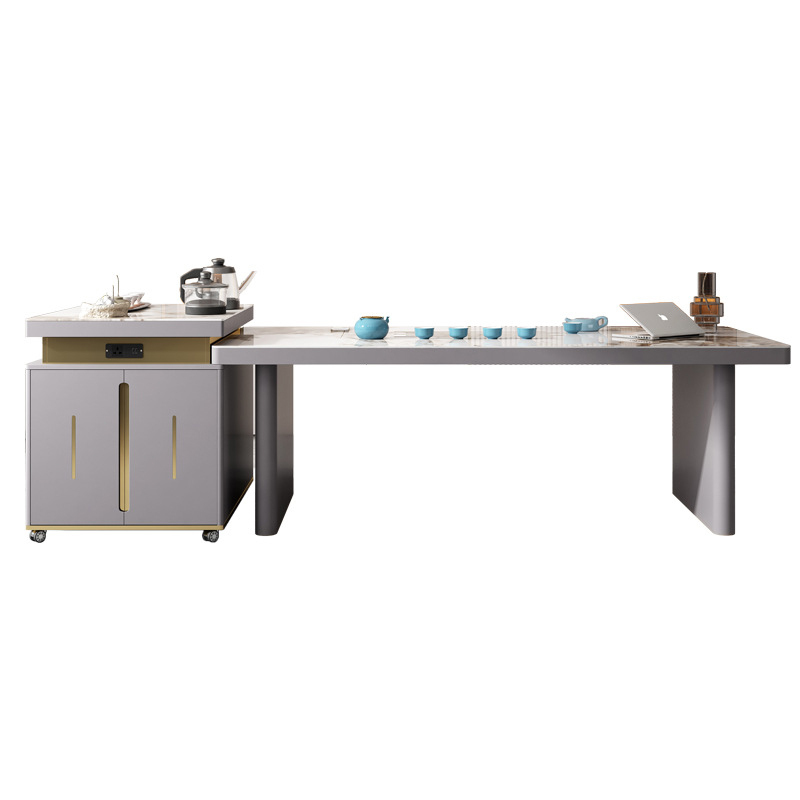 锦北 现代轻奢岩板餐桌岛台茶桌烧水壶一体桌客厅泡茶桌椅 2.2米1桌4椅