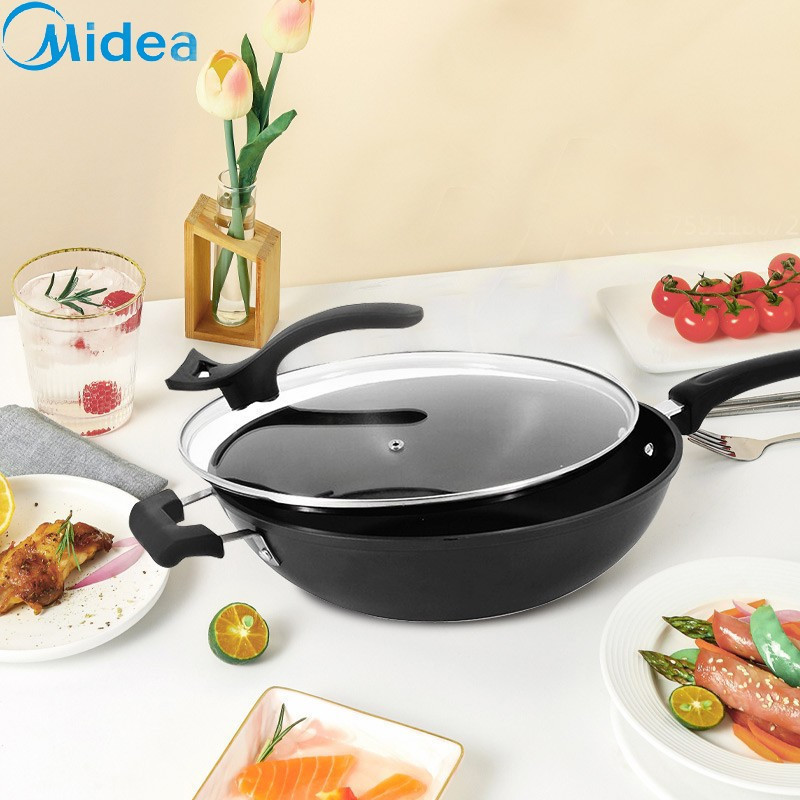美的(Midea)典雅金麦饭石色涂层不粘炒锅家用炒锅电磁炉煤气灶适用炒菜锅平底锅煎锅增竹铲 香槟金 32CM黑色