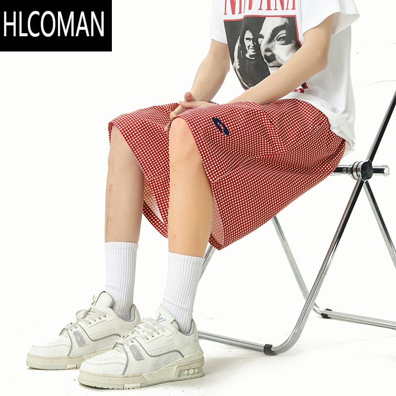 HLCOMAN美式刺绣格子短裤男女夏季新款宽松休闲速干五分裤薄款阔腿沙滩裤