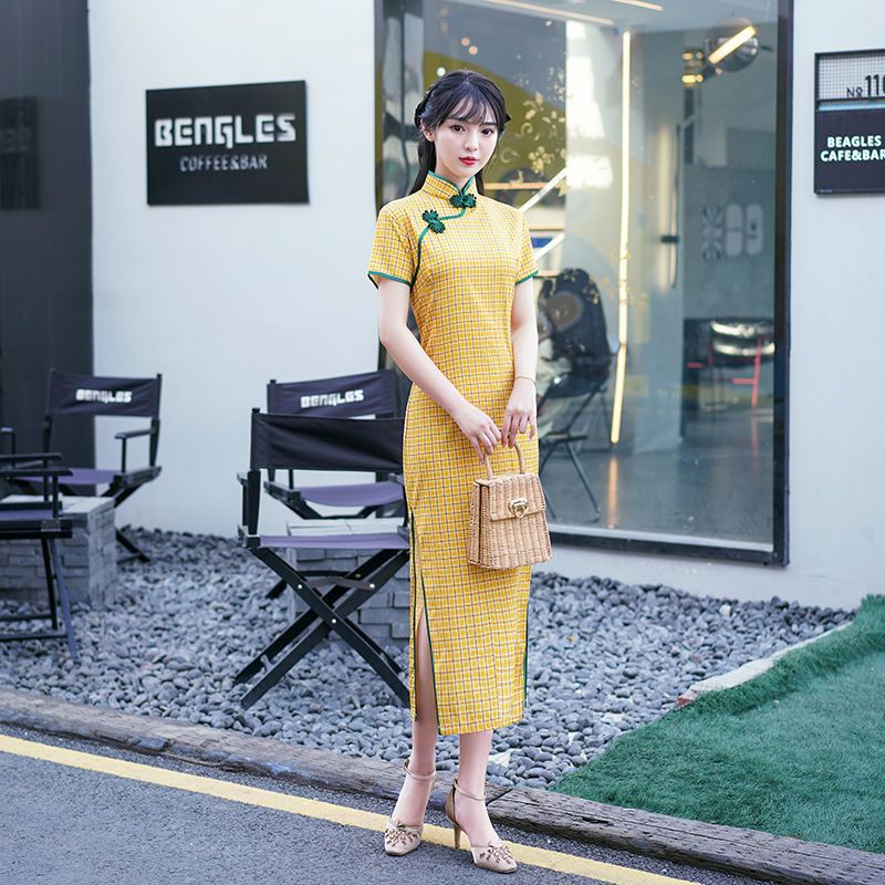 中国风格子改良版旗袍连衣裙女2021新款夏季贵夫人显瘦收腰连衣裙 短袖长旗袍军绿大方格 S 收藏店铺,优先发货