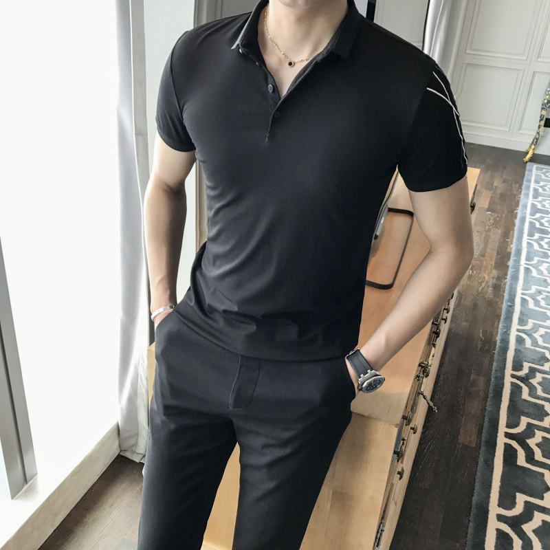 2018夏季新品韩版男款修身短袖POLO衫烫花纯色T恤青年微领小衫潮T