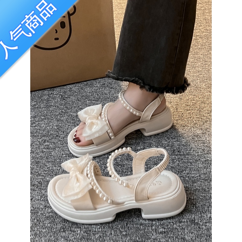 SUNTEK厚底凉鞋女2023年夏季新款时尚百搭复古蝴蝶结珍珠仙女气质沙滩鞋高清大图