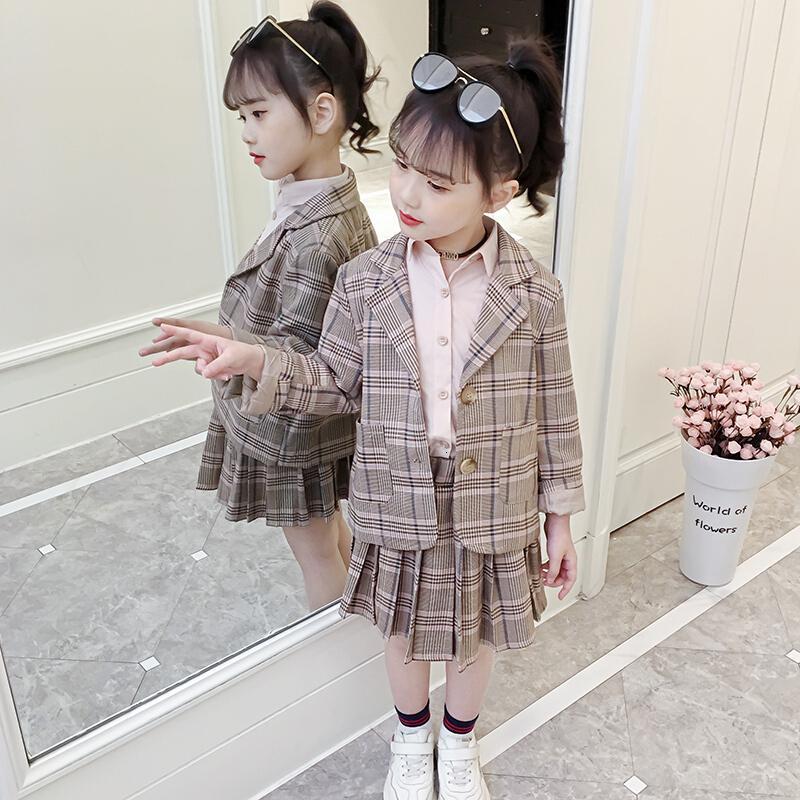 迪鲁奥(DILUAO)女童西服套装秋装新款韩版洋气儿童小西装时髦三件套时尚潮衣 西服衬衫三件套