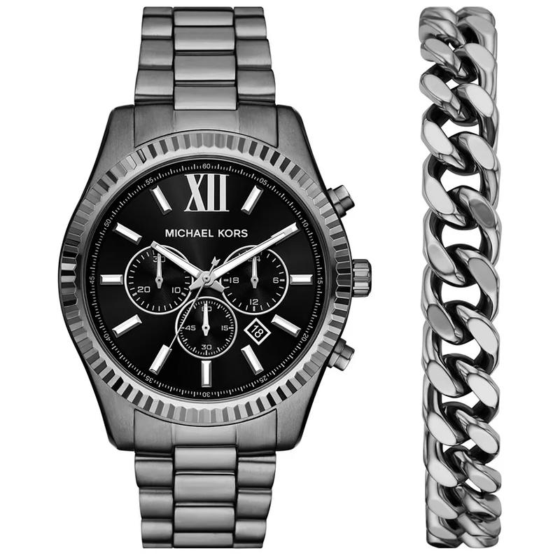 Michael Kors 男士石英计时枪色不锈钢腕表手链套装商务休闲防水耐高清大图