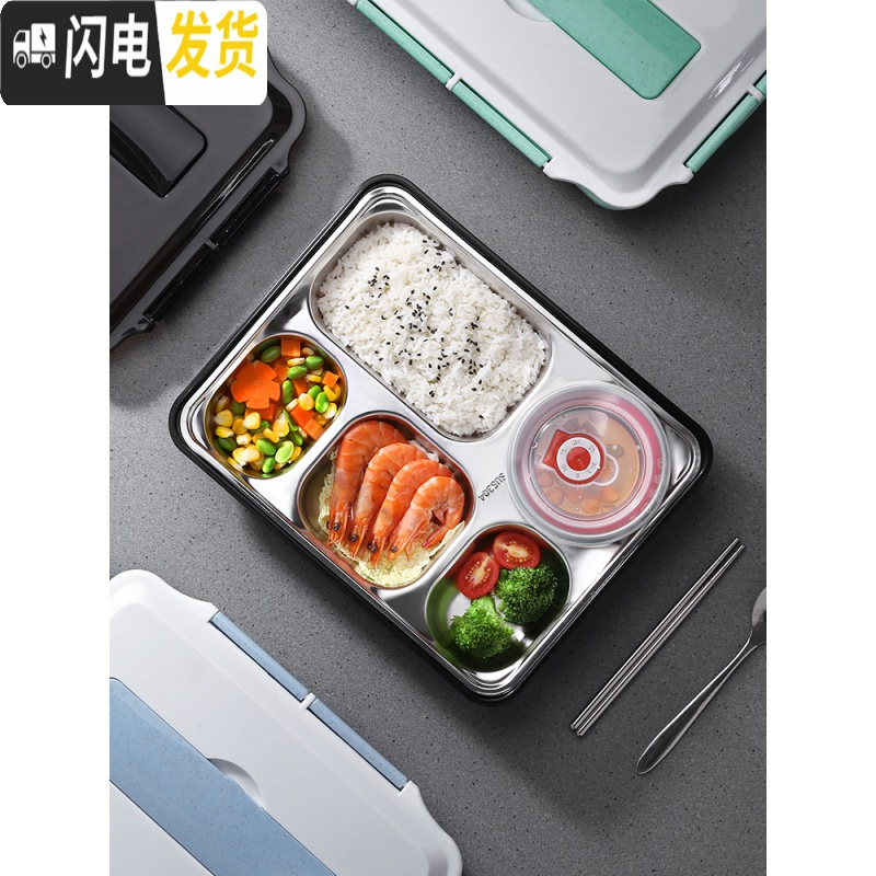 三维工匠大容量饭盒小学生用午餐上班族不锈钢分格便当盒儿童餐具盒餐盘 北欧粉五格+不锈钢筷勺