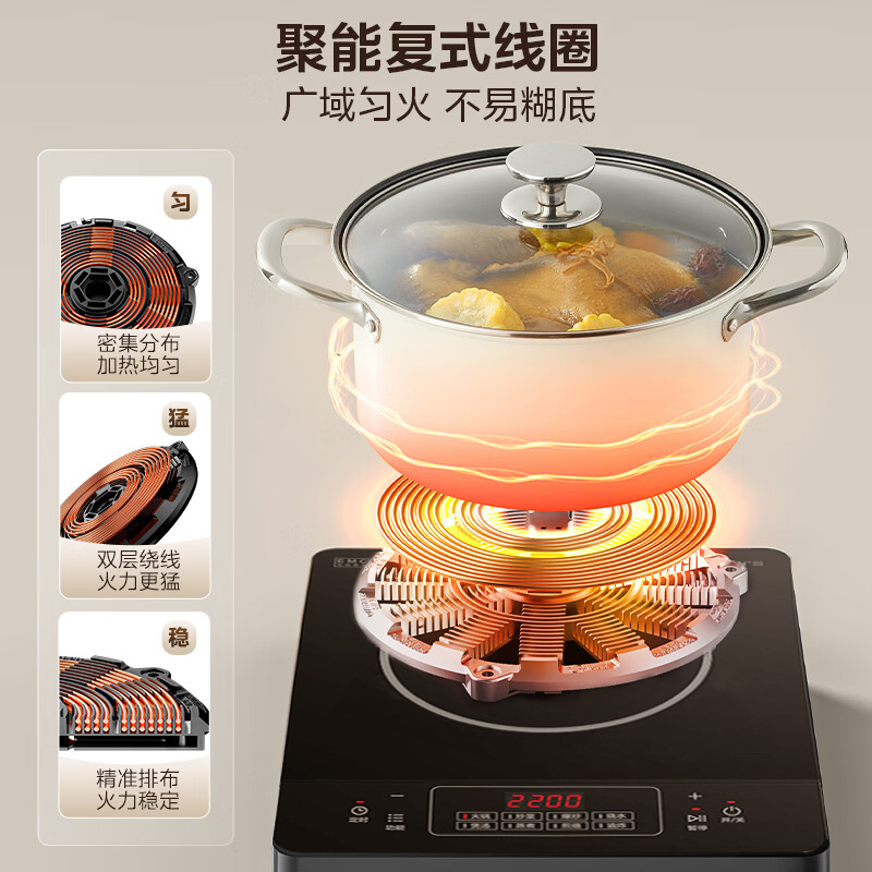 美的电磁炉RT22E0103家用多功能大功率炒菜火锅一体小型宿舍2200W家用猛火爆炒耐用面板八档火力纤薄电磁灶火锅炉