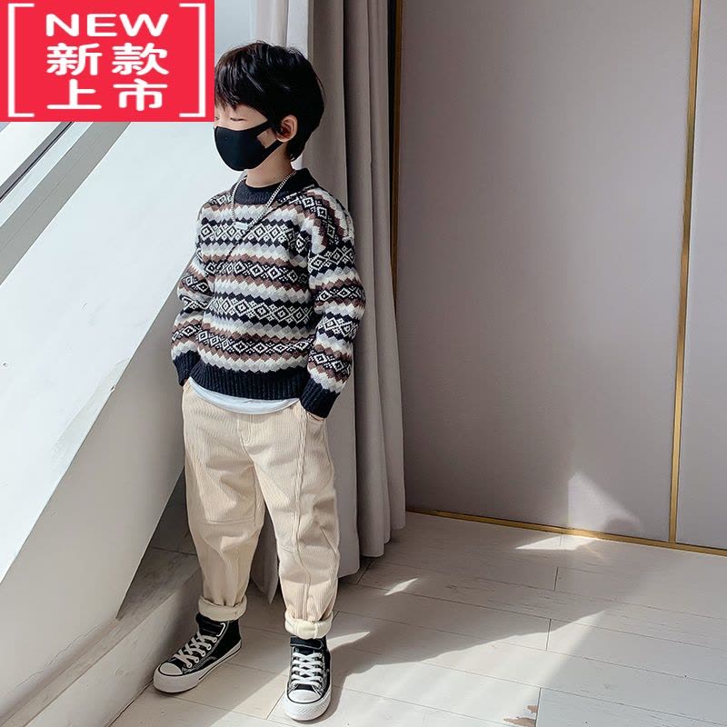 可莉允男童毛衣套头毛线衣2022秋冬新款儿童针织衫菱格复古宝宝加厚保暖图片
