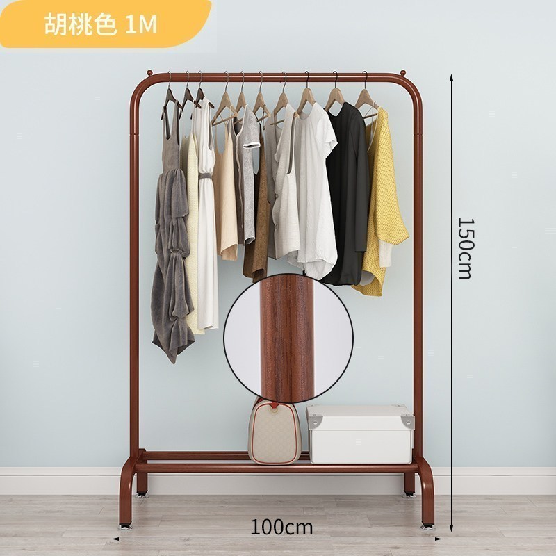 汐岩晾衣架简易落地单杆式晒衣架卧室内凉挂衣架衣帽架收纳衣服的架子 100胡桃色-加粗加厚1个