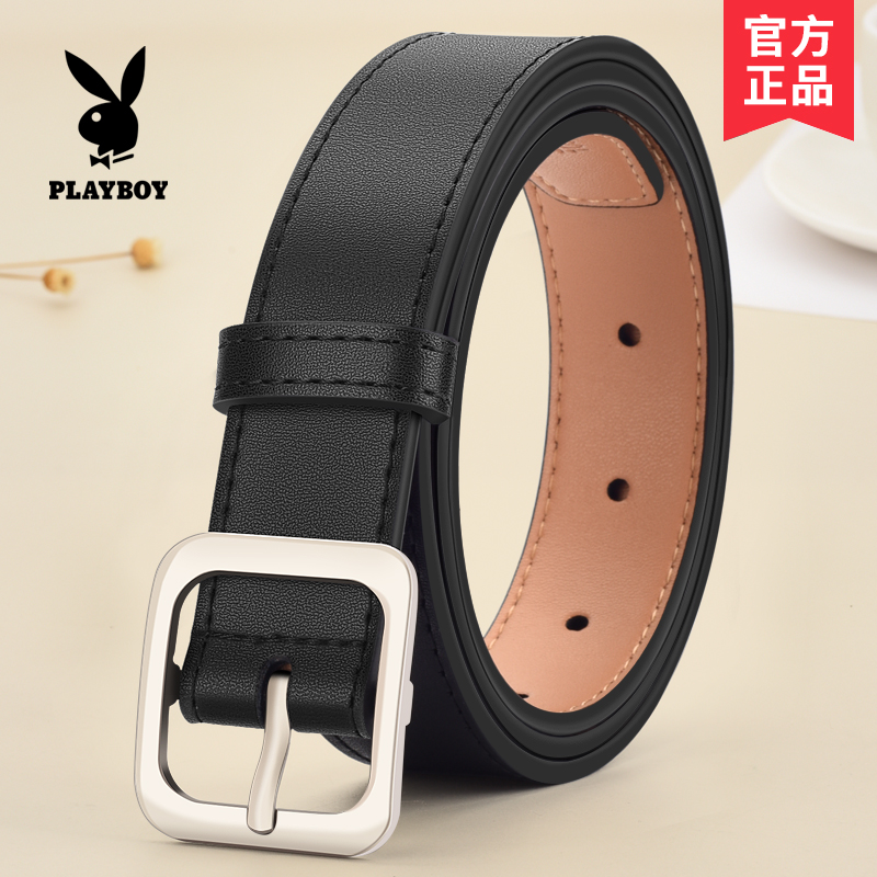 花花公子女士皮带百搭裤腰带真皮装饰牛仔裤带方扣细黑色时尚韩版高清大图