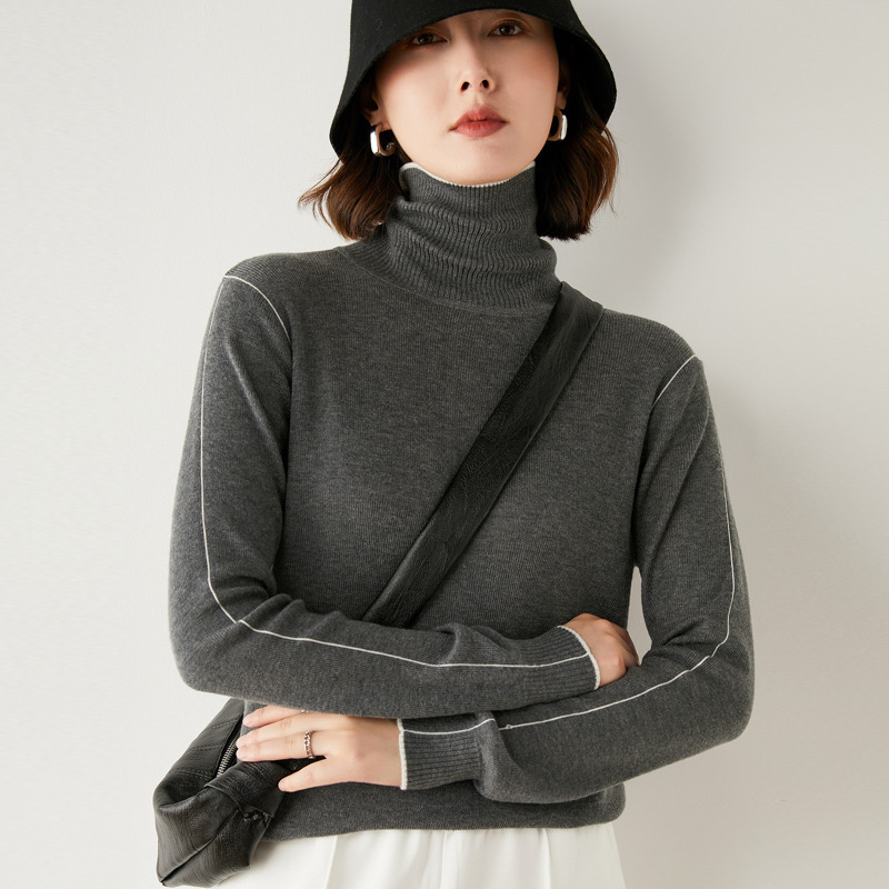 策恩公牛2021秋冬新款高翻领毛衣女宽松长袖打底内搭套头大码羊毛针织