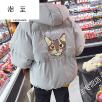 潮至潮至冬季棉衣男女韩版短款棉服面包服学生青少年棉袄子加厚外套男装潮流植物印花连帽带帽棉衣服情侣装