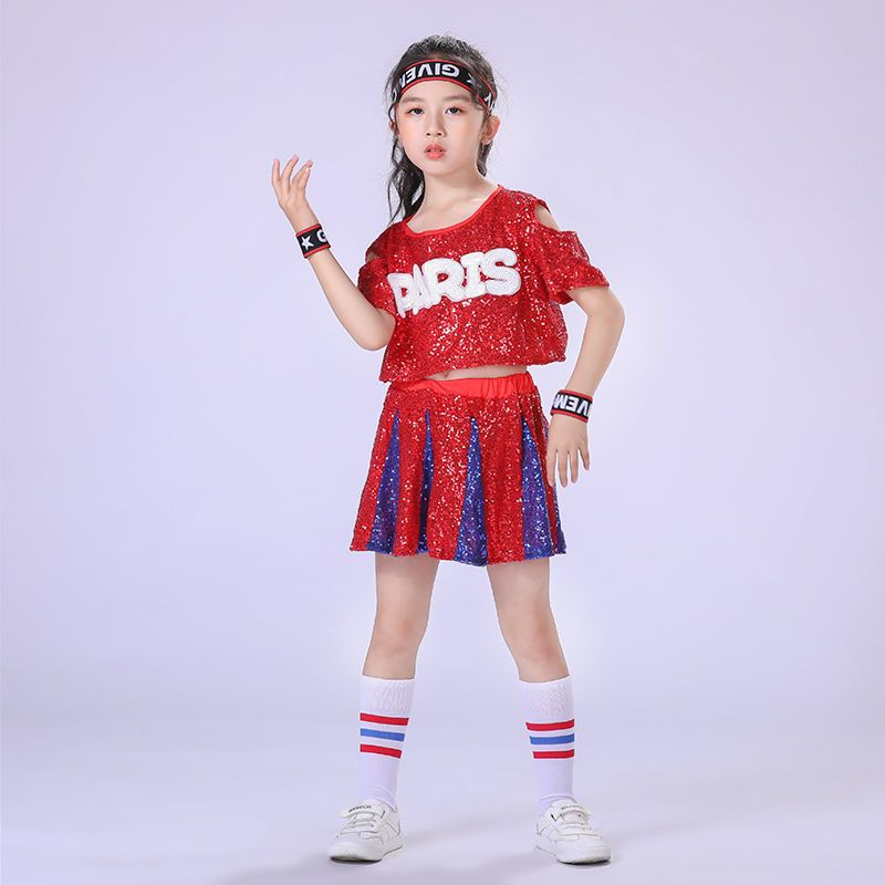 儿童爵士舞服套装漏脐亮片啦啦队啦啦操演出服装女童街舞现代舞服
