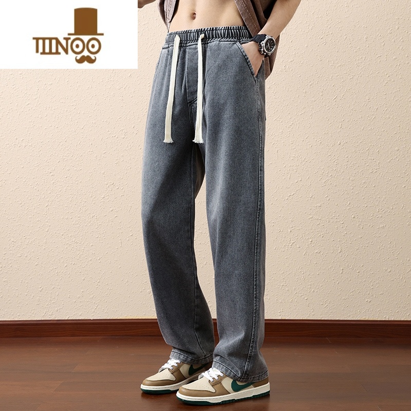 YANXU松紧腰直筒宽松牛仔裤男2023新款潮流百搭青少年休闲长裤子高清大图