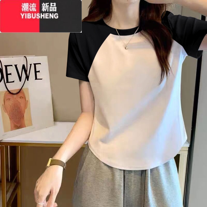 YIBUSHENG时尚插肩短袖t恤女装2024新款修身短款别致上衣设计感小身高清大图