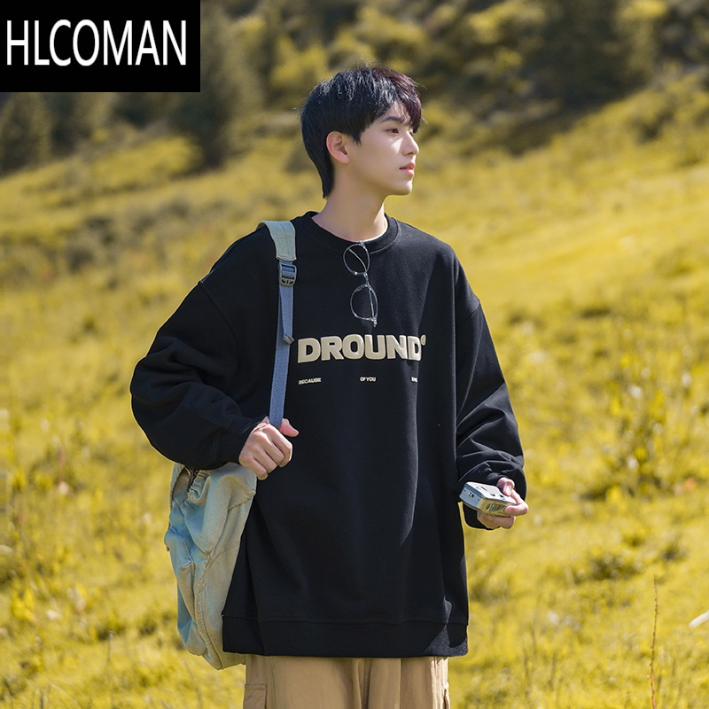 HLCOMAN发泡印花圆领卫衣男秋日系复古中性风打底衫高街百搭休闲长袖T恤