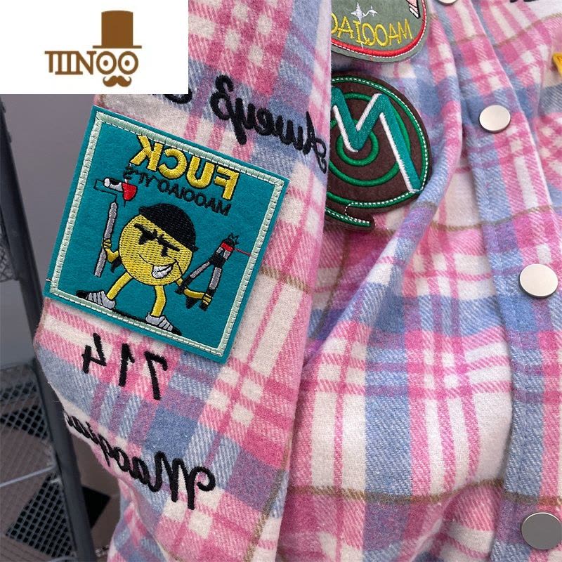 YANXU日系cityboy贴布刺绣格子长袖衬衫男女复古学院风磨毛呢上衣外套图片