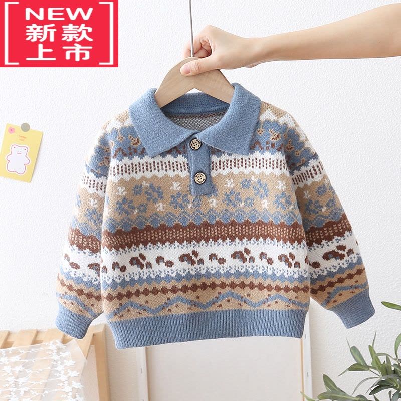 可莉允男童毛衣双层织厚款秋冬新款韩版儿童翻领毛线衣宝宝套头上衣图片