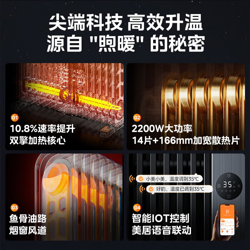 美的(Midea)[硬钢科技]取暖器/电暖器/电暖气家用/取暖炉WIFI智能遥控加宽14片双擎取暖电热油汀HYX22TR高清大图