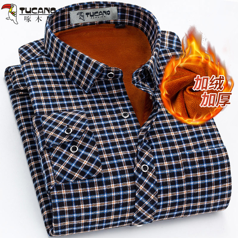 啄木鸟保暖加绒衬衫男格子冬季新款中老年男士加厚休闲爸爸装衬爸高清大图