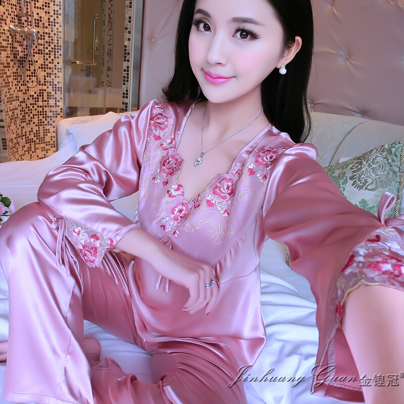 睡衣女长袖春秋季女士丝绸韩版薄款冰丝性感真丝睡衣女套装家居服