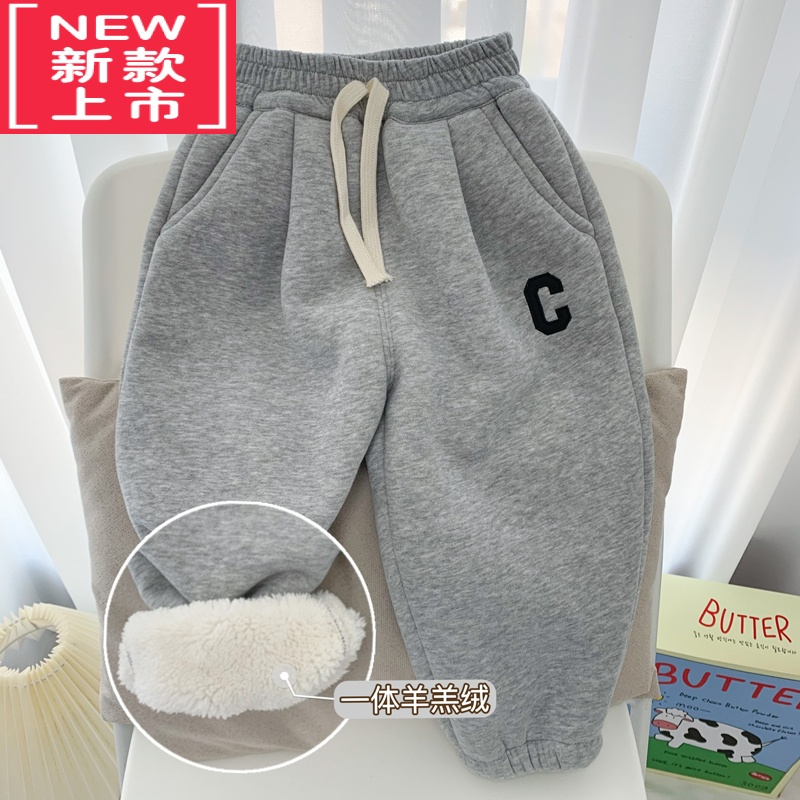 可莉允儿童加绒裤子冬季男童加厚羊羔绒卫裤女宝宝一体绒保暖运动休闲裤保暖裤