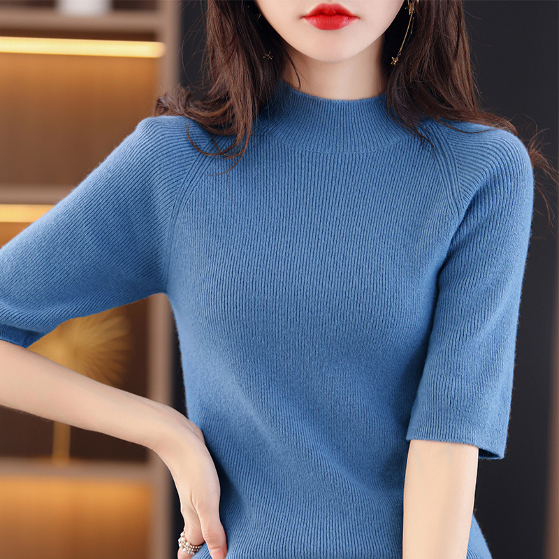 春秋半高领中袖修身内搭打底衫上衣女2022新款纯色套头针织衫毛