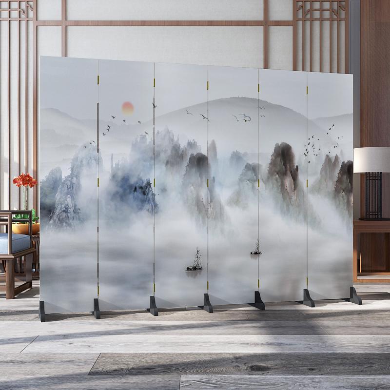 森美人北欧简约屏风隔断墙卧室遮挡家用客厅餐厅折叠移动布艺经济型折屏 乳白色花鸟山水1