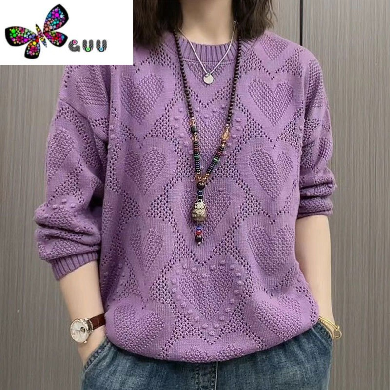 语娄二八月小衫长袖镂空桃心针织套头上衣女时尚宽松毛衣遮肉打底衫春