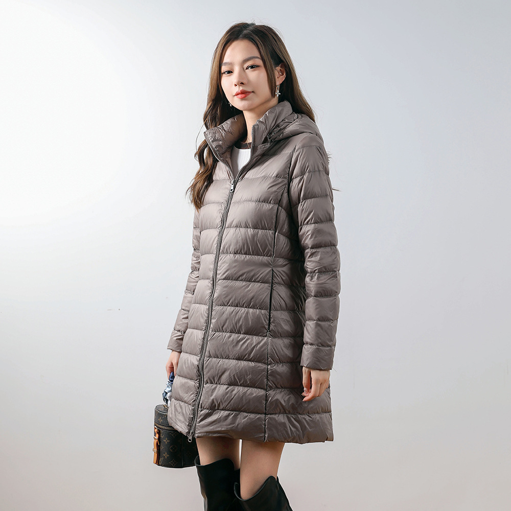 新款女式纯色女装连帽带帽可拆卸羽绒服中长款大码外套_61430高清大图