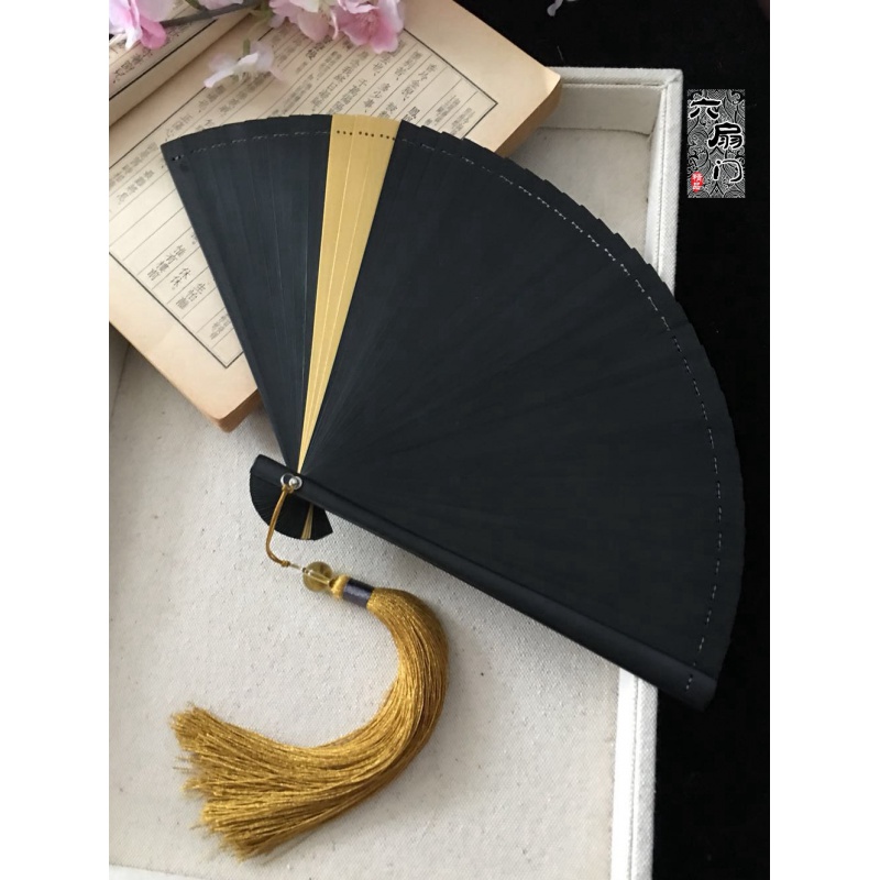 中国风古风和风折扇子小日式全竹工艺扇 纯色红迷你男女妖杨同款 三维工匠 黑夹金色18CM+大珠流苏金高清大图