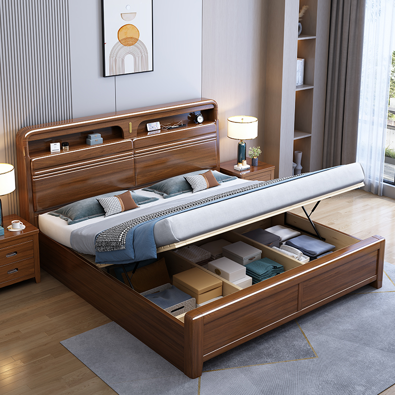 景山百岁 胡桃木色新中式实木床 现代简约主卧双人床家用卧室高箱储物床高清大图