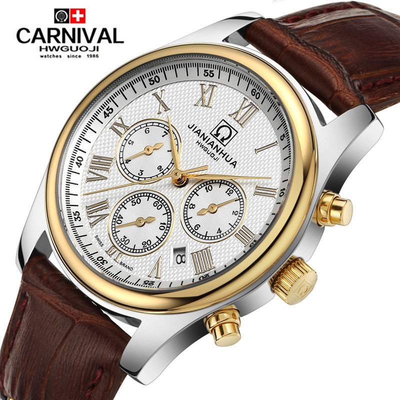 瑞士嘉年华CARNIVAL手表 名匠商务防水男士全自动机械表 男休闲时尚三眼六针多功能真皮表带男表腕表 8827皮表带款 间金白面