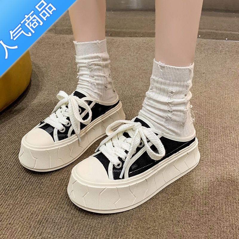 suntek欧货半拖鞋女夏外穿松糕厚底小白鞋无后跟小香风帆布运动包头凉