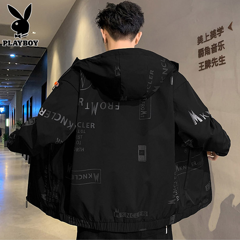 花花公子连帽外套男士短款上衣春秋季2025新款潮牌休闲运动夹克男高清大图