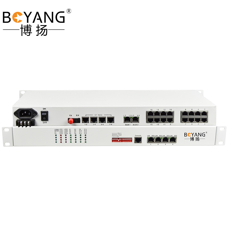 博扬 综合业务电话光端机 8路E1+8路电话+2路百兆以太网物理隔离 单纤80km 机架式 1对价
