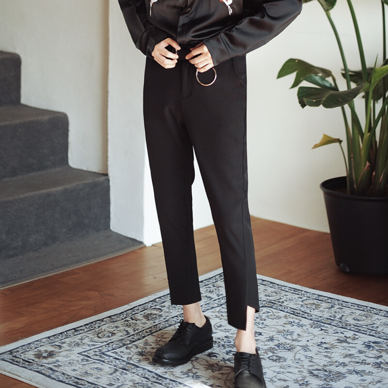 黑色九分裤男修身小脚裤休闲裤裤脚缺口9分裤韩版百搭潮流西裤黑色