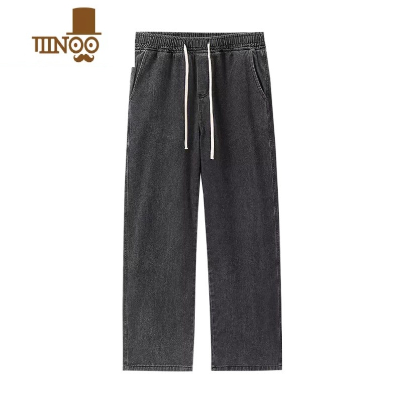 YANXU美式高街牛仔裤男新款直筒宽松潮牌阔腿裤男士黑色休闲长裤子高清大图