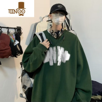 YANXU加绒加厚圆领卫衣男美式复古宽松大码外套套头上卫 5XL 绿色-Y191加绒
