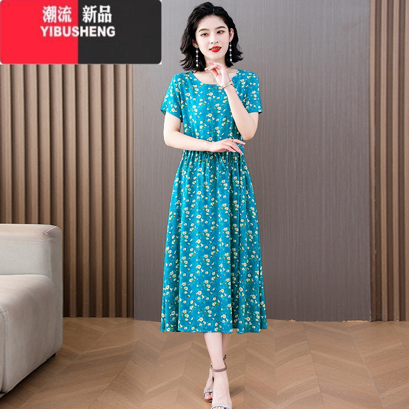 YIBUSHENG新款洋气棉绸连衣裙女季时尚收腰显瘦圆领中老年人造棉印花裙子