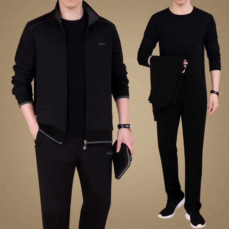 恒源祥名牌中年男士春季运动服套装新款中老年爸爸春秋装休闲外套 8359黑色/长袖内搭 4XL建议180-200斤